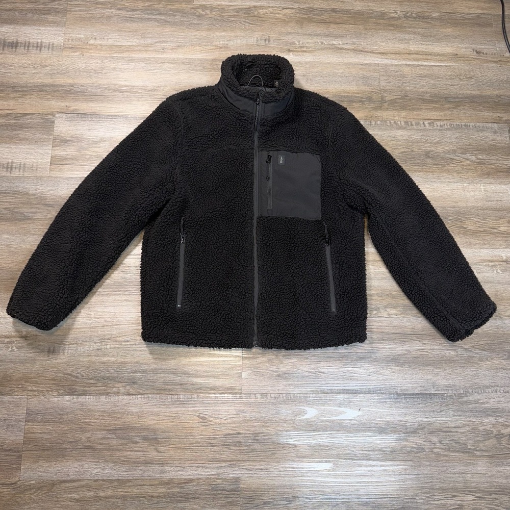 Bass Outdoors Sherpa Jacket Mens Medium Black Textured Fleece Woven Chest Pocket